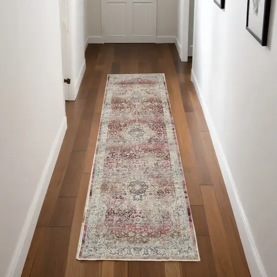 8' Ivory Red And Brown Floral Distressed Runner Rug Photo 1