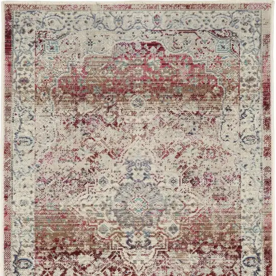 8' Ivory Red And Brown Floral Distressed Runner Rug Photo 9