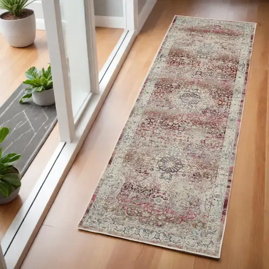 6' Ivory Red And Brown Floral Distressed Runner Rug Photo 1