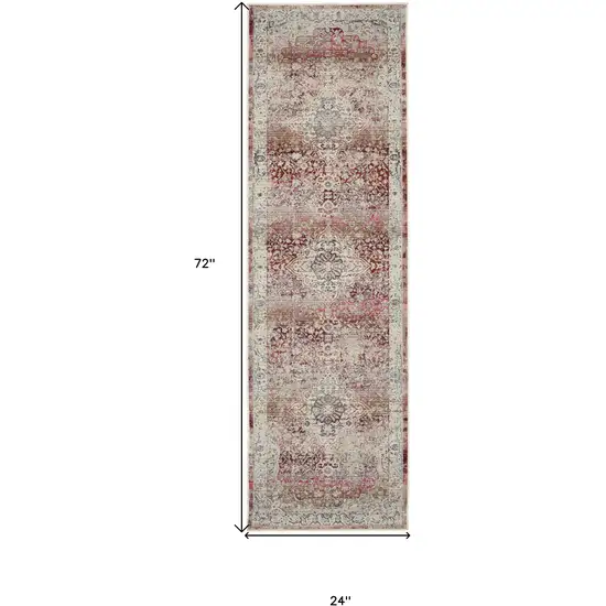 6' Ivory Red And Brown Floral Distressed Runner Rug Photo 3