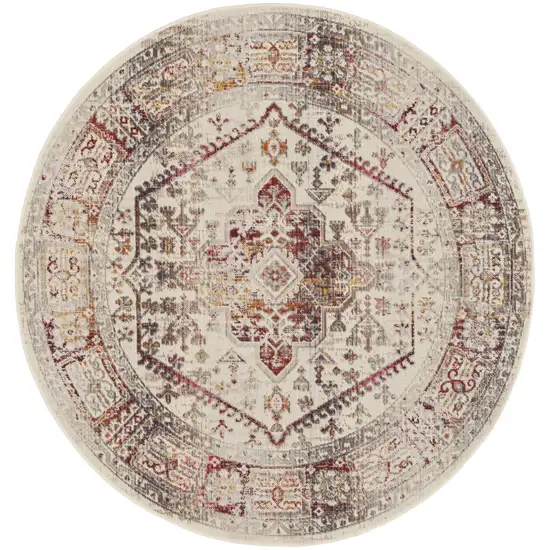 6' Ivory Red And Orange Floral Distressed Round Rug Photo 2