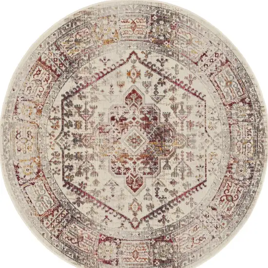 6' Ivory Red And Orange Floral Distressed Round Rug Photo 9