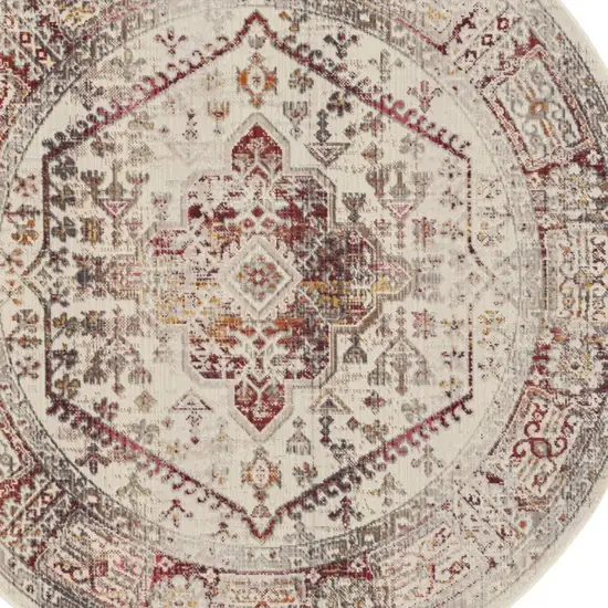 4' Ivory Red And Orange Floral Distressed Round Rug Photo 8