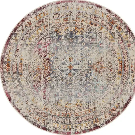 6' Ivory Red And Orange Geometric Distressed Round Rug Photo 9