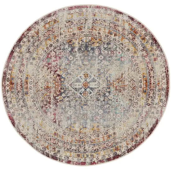 6' Ivory Red And Orange Geometric Distressed Round Rug Photo 2