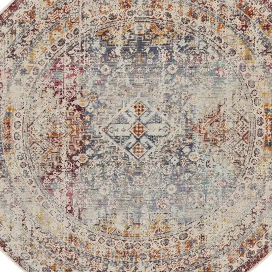 6' Ivory Red And Orange Geometric Distressed Round Rug Photo 8