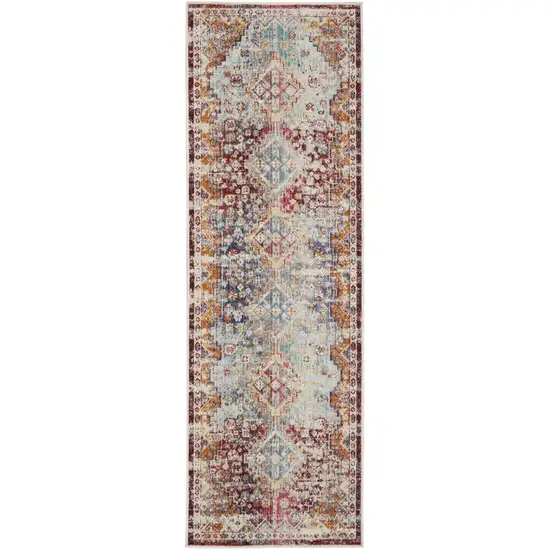 8' Ivory Red And Orange Geometric Distressed Runner Rug Photo 2