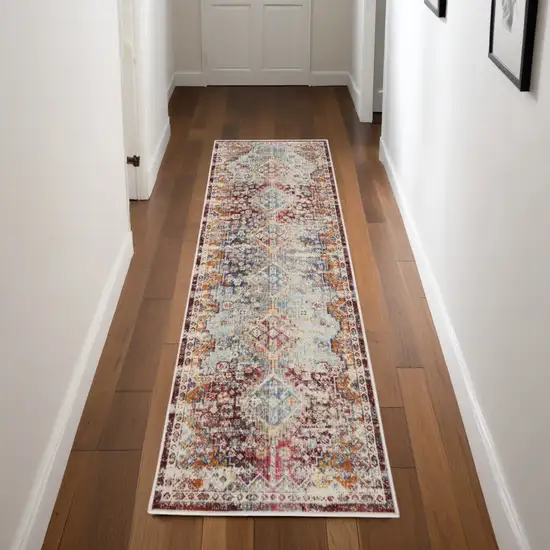 8' Ivory Red And Orange Geometric Distressed Runner Rug Photo 1