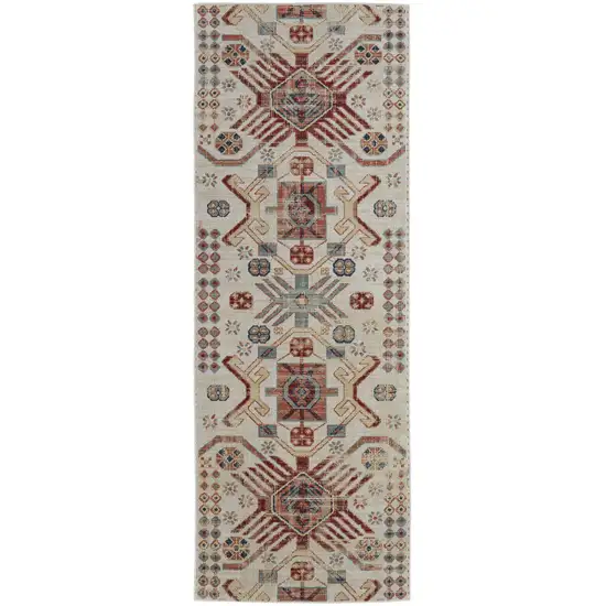 8' Ivory Red And Tan Abstract Power Loom Distressed Stain Resistant Runner Rug Photo 1