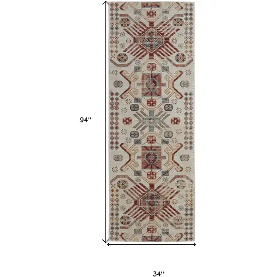 8' Ivory Red And Tan Abstract Power Loom Distressed Stain Resistant Runner Rug Photo 7