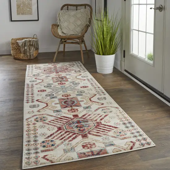 8' Ivory Red And Tan Abstract Power Loom Distressed Stain Resistant Runner Rug Photo 5