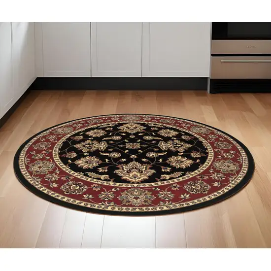 6' Ivory Red and Black Floral Round Rug Photo 1