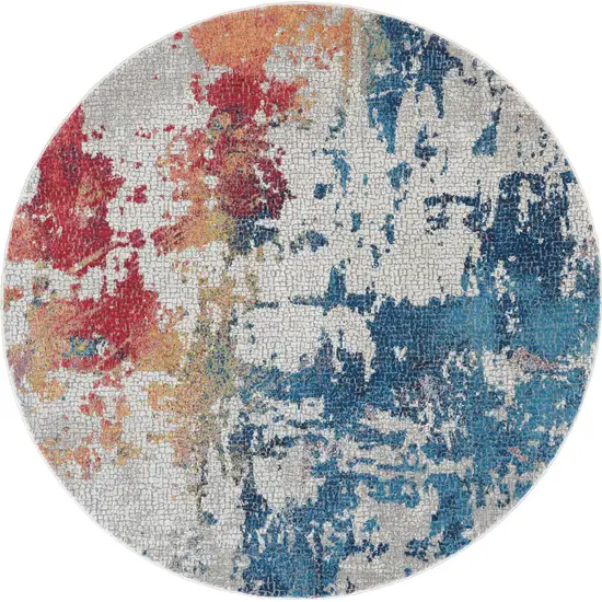 4' Ivory Red and Blue Abstract Distressed Non Skid Round Rug Photo 2