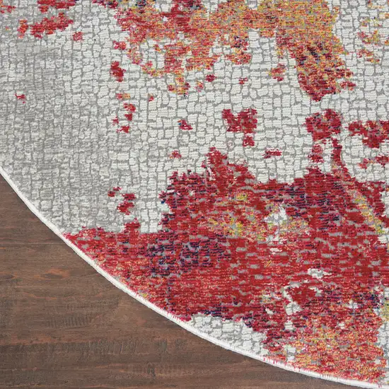 4' Ivory Red and Blue Abstract Distressed Non Skid Round Rug Photo 4