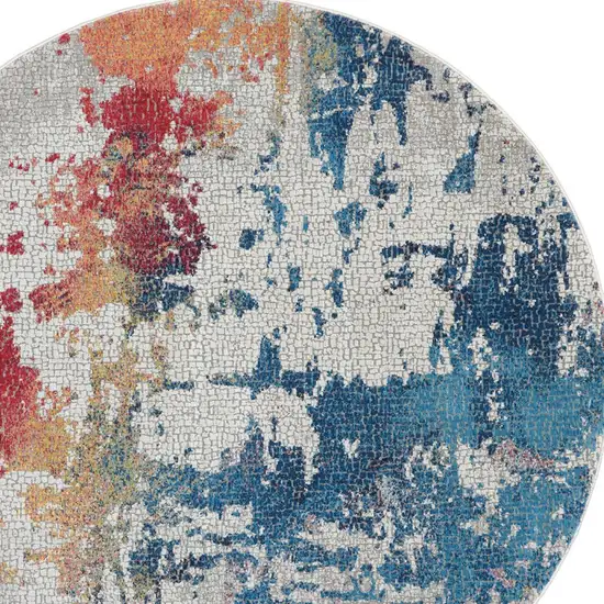 4' Ivory Red and Blue Abstract Distressed Non Skid Round Rug Photo 8