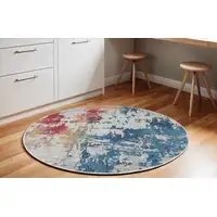 Photo of 6' Ivory Red and Blue Abstract Distressed Non Skid Round Rug