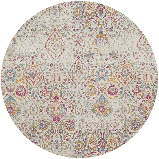 4' Ivory Red and Blue Damask Distressed Round Rug Photo 2