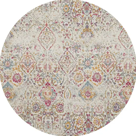 4' Ivory Red and Blue Damask Distressed Round Rug Photo 7