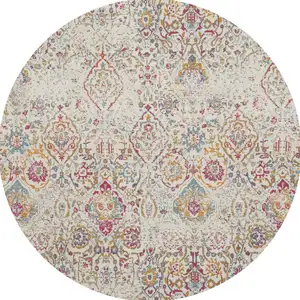 Photo of 4' Ivory Red and Blue Damask Distressed Round Rug