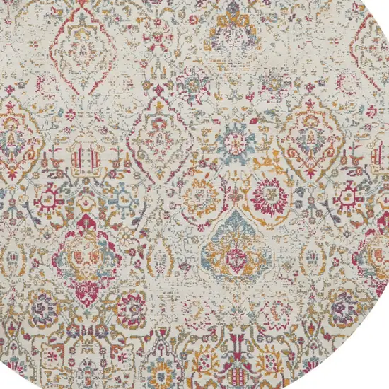 4' Ivory Red and Blue Damask Distressed Round Rug Photo 6