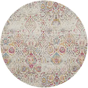 Photo of 6' Ivory Red and Blue Damask Distressed Round Rug