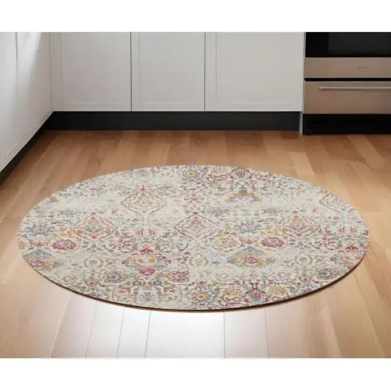 6' Ivory Red and Blue Damask Distressed Round Rug Photo 2