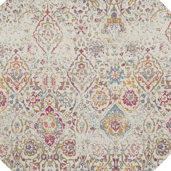 6' Ivory Red and Blue Damask Distressed Round Rug Photo 7