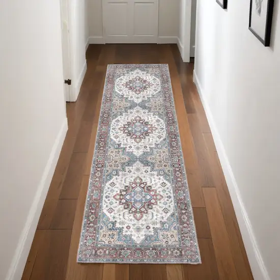 8' Ivory Red and Blue Medallion Distressed Non Skid Runner Rug Photo 1