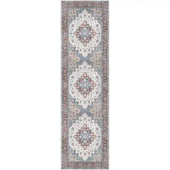 8' Ivory Red and Blue Medallion Distressed Non Skid Runner Rug Photo 2