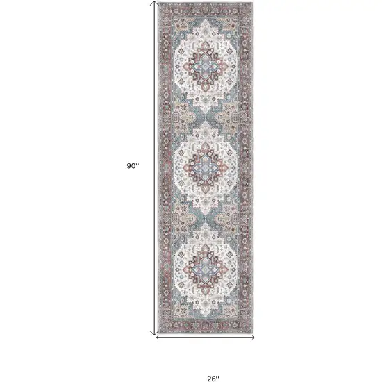 8' Ivory Red and Blue Medallion Distressed Non Skid Runner Rug Photo 3