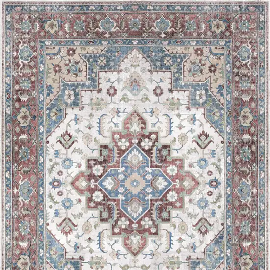 8' Ivory Red and Blue Medallion Distressed Non Skid Runner Rug Photo 9