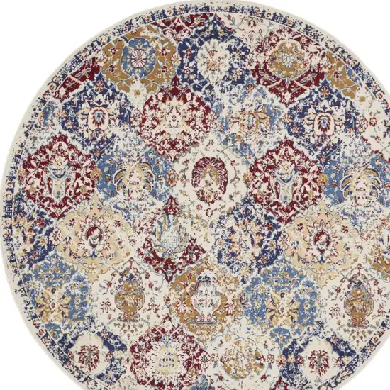 5' Ivory Red and Blue Ogee Distressed Non Skid Round Rug Photo 7