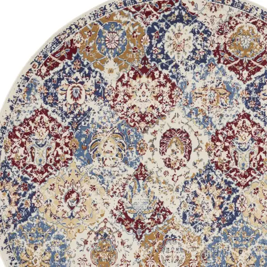 5' Ivory Red and Blue Ogee Distressed Non Skid Round Rug Photo 6