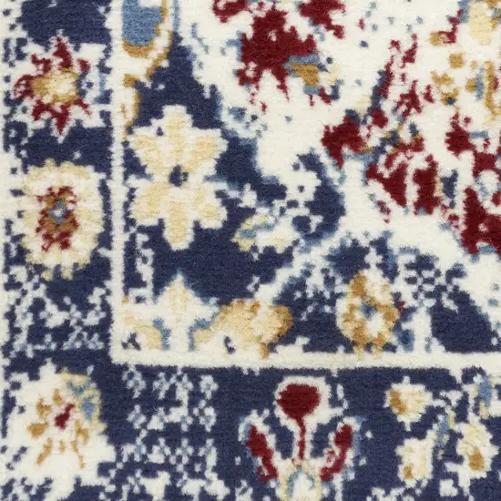 5' Ivory Red and Blue Ogee Distressed Non Skid Round Rug Photo 4