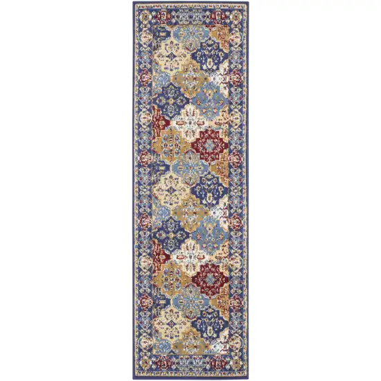 6' Ivory Red and Blue Ogee Distressed Non Skid Runner Rug Photo 2