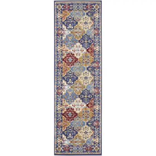 6' Ivory Red and Blue Ogee Distressed Non Skid Runner Rug Photo 5