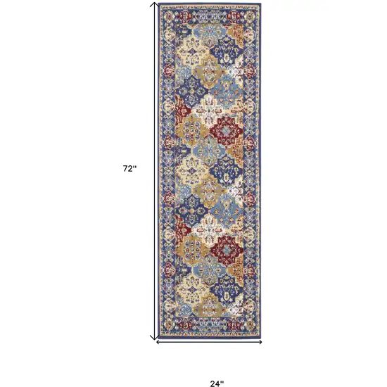 6' Ivory Red and Blue Ogee Distressed Non Skid Runner Rug Photo 3