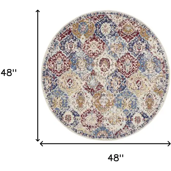 4' Ivory Red and Blue Ogee Distressed Round Rug Photo 3