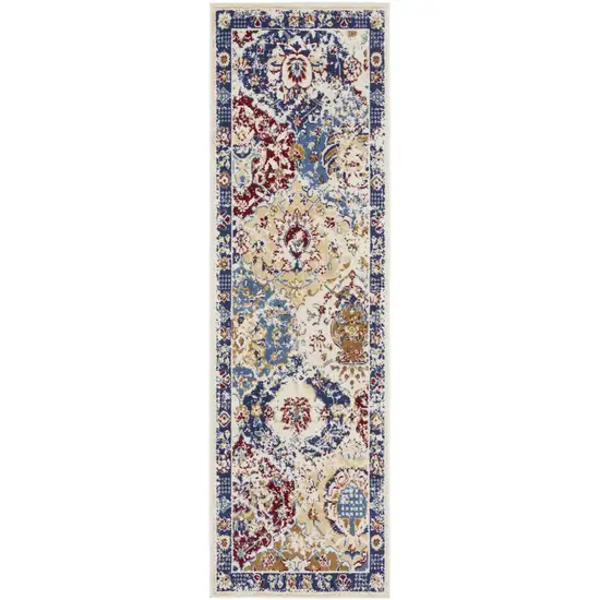 10' Ivory Red and Blue Ogee Distressed Runner Rug Photo 4