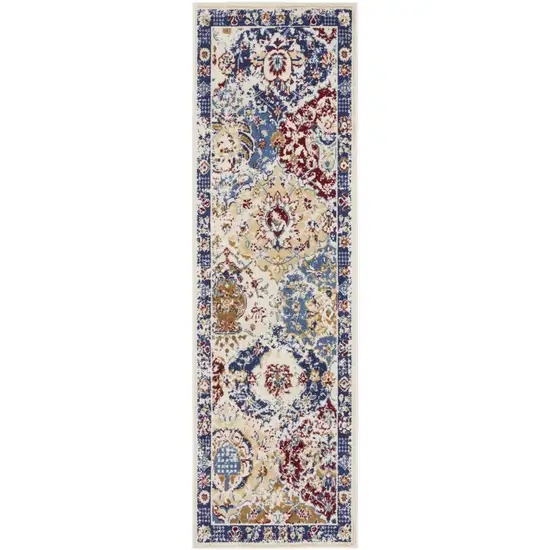 10' Ivory Red and Blue Ogee Distressed Runner Rug Photo 2