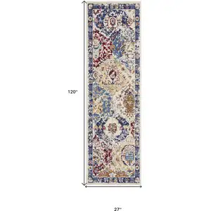 Photo of 10' Ivory Red and Blue Ogee Distressed Runner Rug