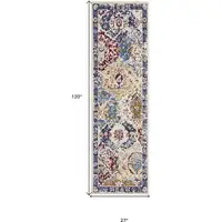 Photo of 10' Ivory Red and Blue Ogee Distressed Runner Rug