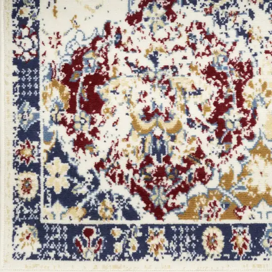 6' Ivory Red and Blue Ogee Distressed Runner Rug Photo 5