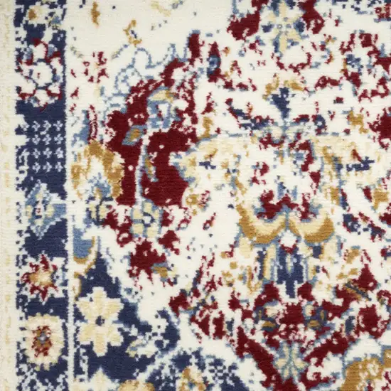 6' Ivory Red and Blue Ogee Distressed Runner Rug Photo 7