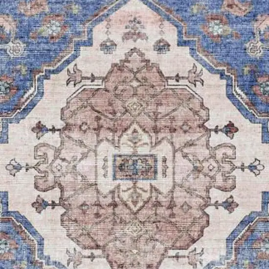 8' Ivory Red and Blue Oriental Distressed Non Skid Runner Rug Photo 8