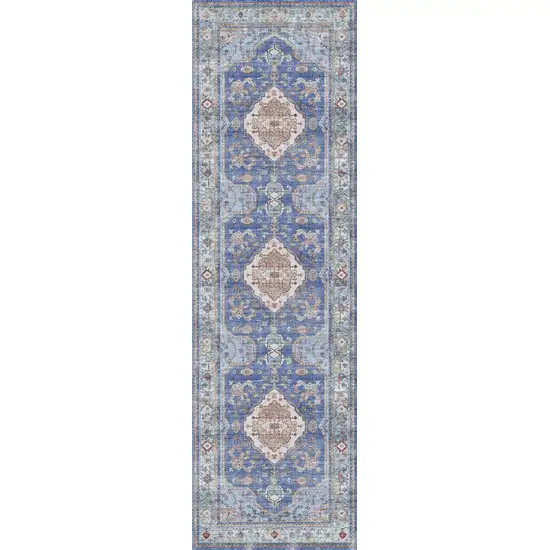 8' Ivory Red and Blue Oriental Distressed Non Skid Runner Rug Photo 2