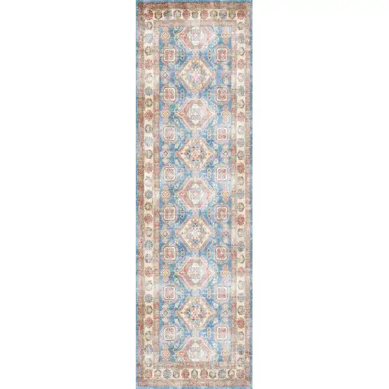 8' Ivory Red and Blue Oriental Distressed Non Skid Runner Rug Photo 2