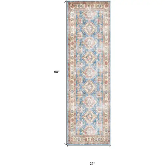 8' Ivory Red and Blue Oriental Distressed Non Skid Runner Rug Photo 3