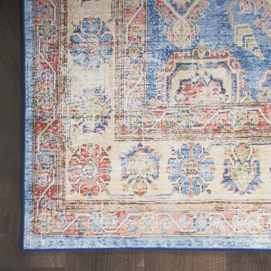 8' Ivory Red and Blue Oriental Distressed Non Skid Runner Rug Photo 4