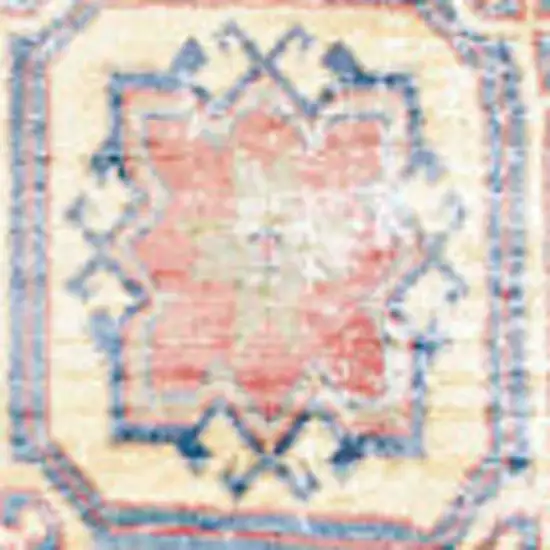 8' Ivory Red and Blue Oriental Distressed Non Skid Runner Rug Photo 7